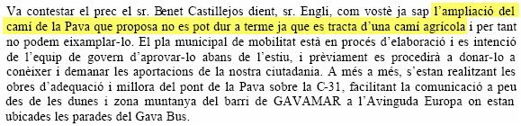 Resposta de l'Equip de Govern de l'Ajuntament de Gav&agrave; a la proposta del PPC de Gav&agrave; per ampliar el Cam&iacute; de la Pava de Gav&agrave; Mar per fer-hi arribar el transport p&uacute;blic (28 de febrer de 2008)